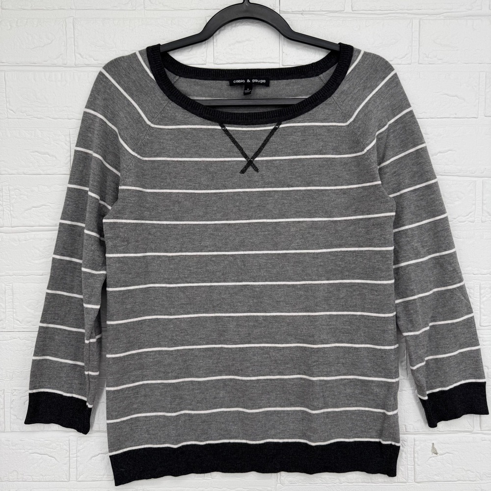 Cable & Gauge Striped Sweater Womens S Gray White Raglan Knit Casual Trim